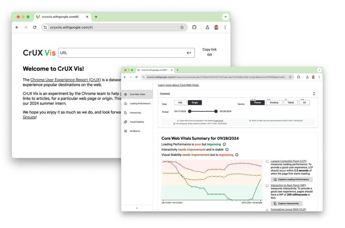 Interface do CrUX Vis com a página inicial e um relatório de Core Web Vitals detalhado.